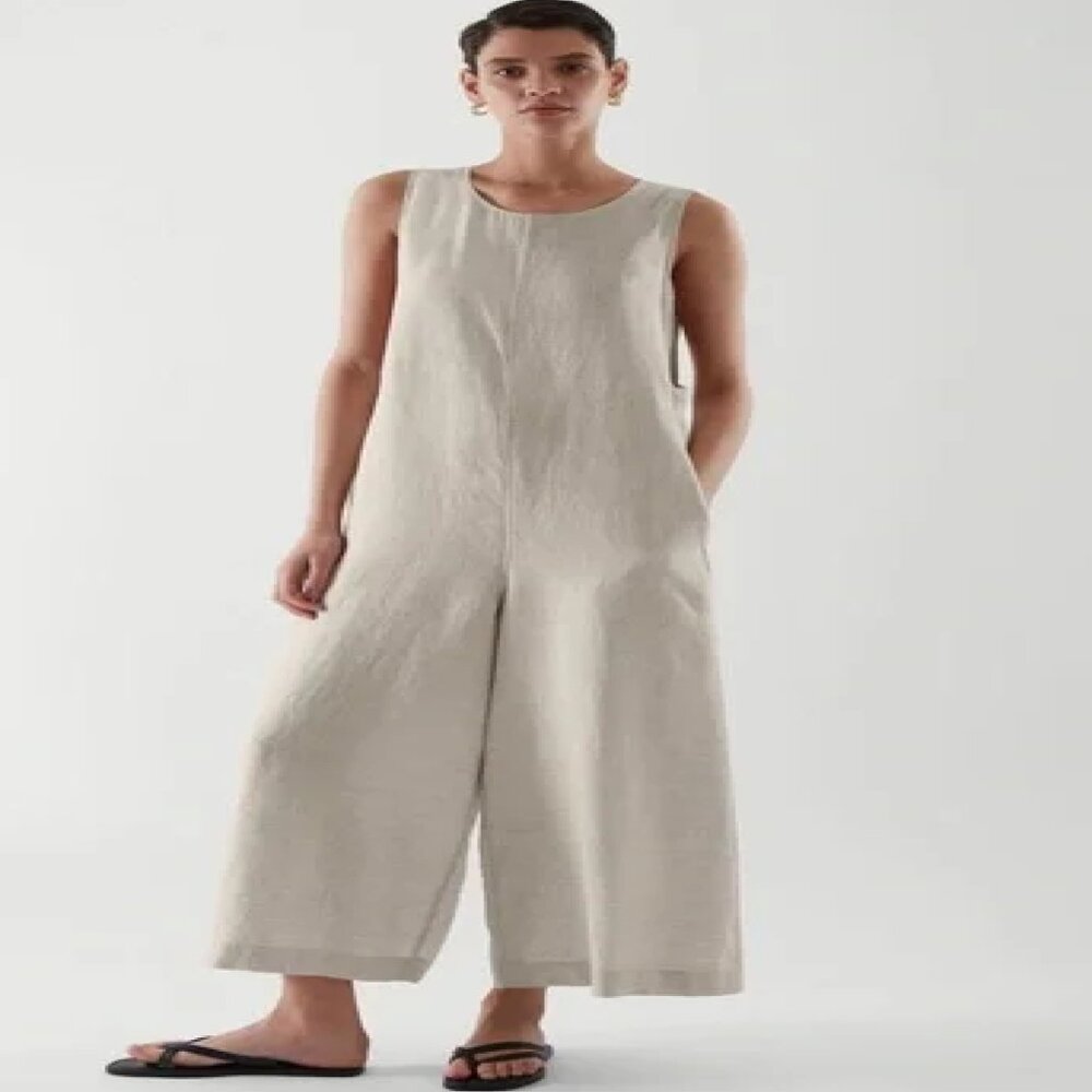 COS Beige Wide-Leg Sleeveless Linen Jumpsuit